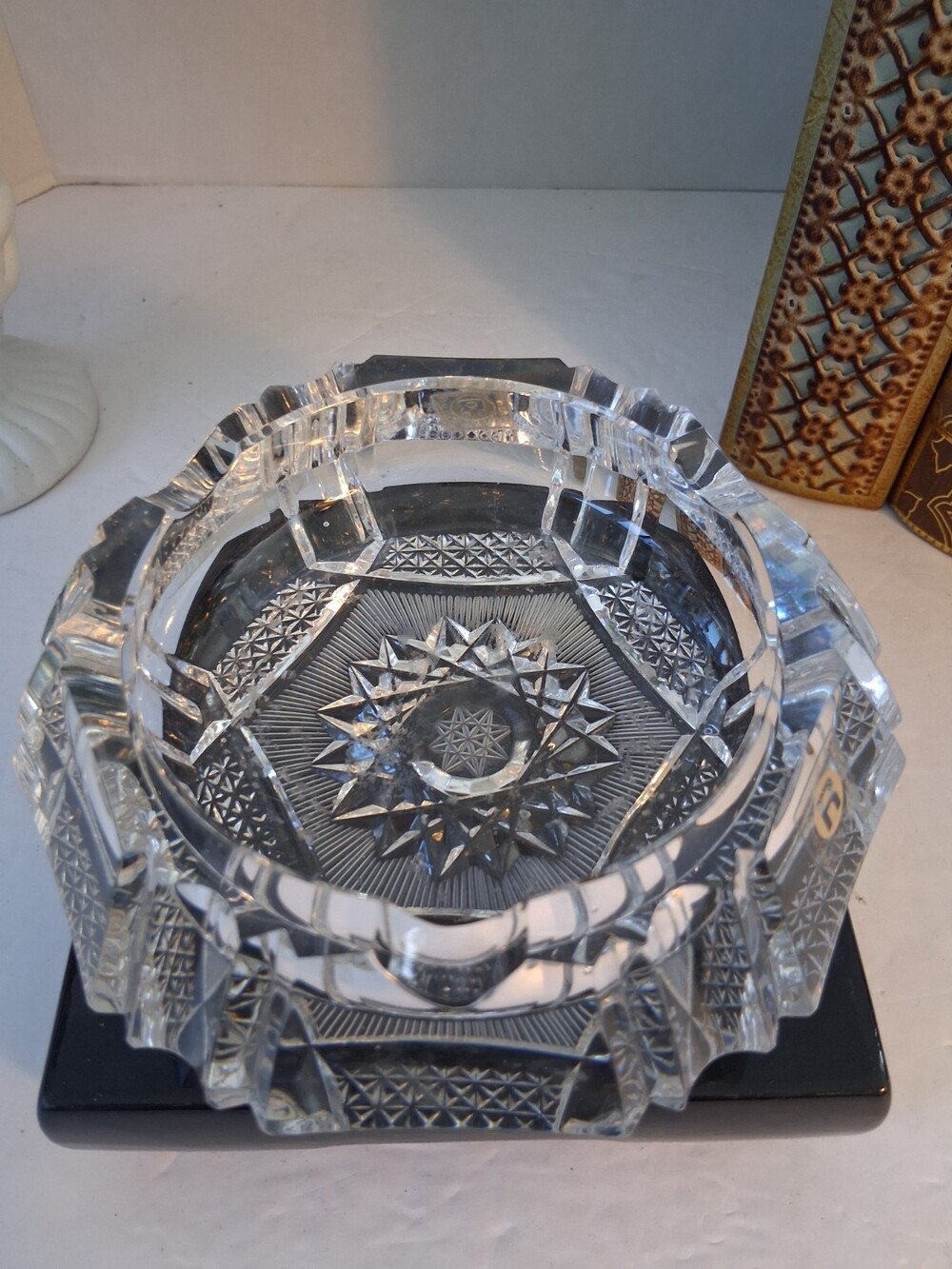 Vtg 1970s ROGASKA Cut Crystal Ashtray MCM Starburst Heavy 5.5”